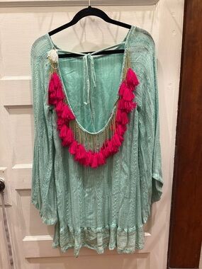 Boho Mint Knit Top with Pink Tassel Detail